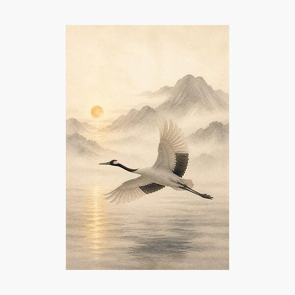 Item preview, Japanese Crane Wall Art Poster | Crane in Silent Flight, Minimal Zen Landscape Print designed and sold by LuminaKage.