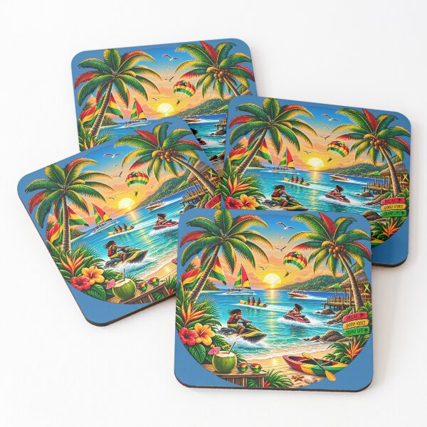Item preview, Jamaica Tropical Ocean Sunset - Palm Trees & Water Sports Illustration designed and sold by digitalbob60.