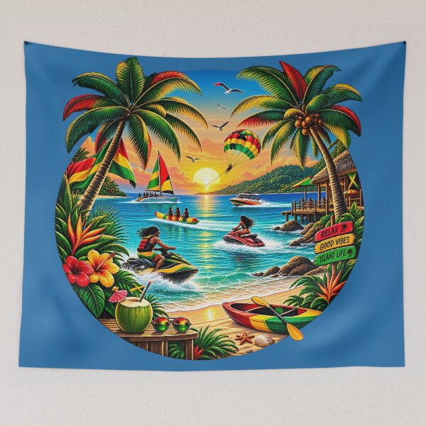 Item preview, Jamaica Tropical Ocean Sunset - Palm Trees & Water Sports Illustration designed and sold by digitalbob60.