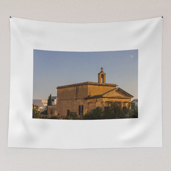 Item preview, Sunlit Stone Chapel With Bell Tower and Cross at Sunset in a Mediterranean Town designed and sold by Nmallia.