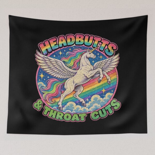 Item preview, Vintage Retro Funny Unicorn Headbutts & Throat Cuts Dark Humor designed and sold by WolfmanProphecy.
