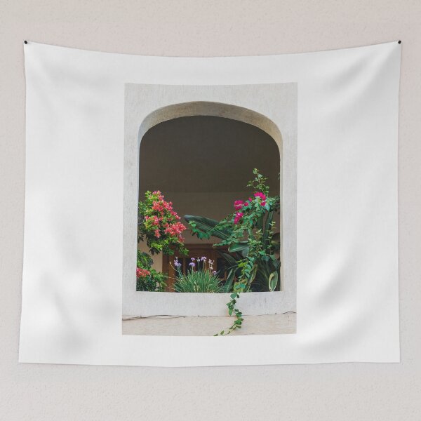 Item preview, Arched Window Framed by Lush Plants and Colorful Flowers on a Mediterranean Balcony designed and sold by Nmallia.
