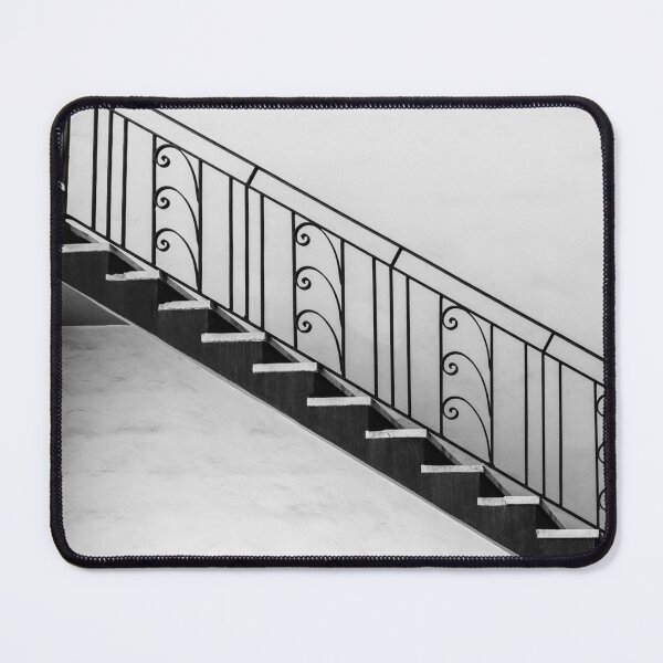 Item preview, Black and White Staircase With Ornate Iron Railing in Minimal Interior Architecture Composition designed and sold by Nmallia.