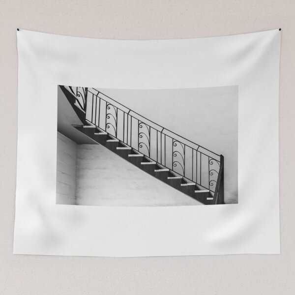 Item preview, Black and White Staircase With Ornate Iron Railing in Minimal Interior Architecture Composition designed and sold by Nmallia.