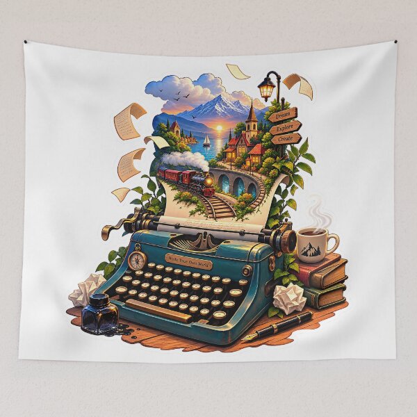 Item preview, Vintage Typewriter Travel Adventure Sticker – Mountain Village & Scenic Railway designed and sold by GenZStickerHub1.
