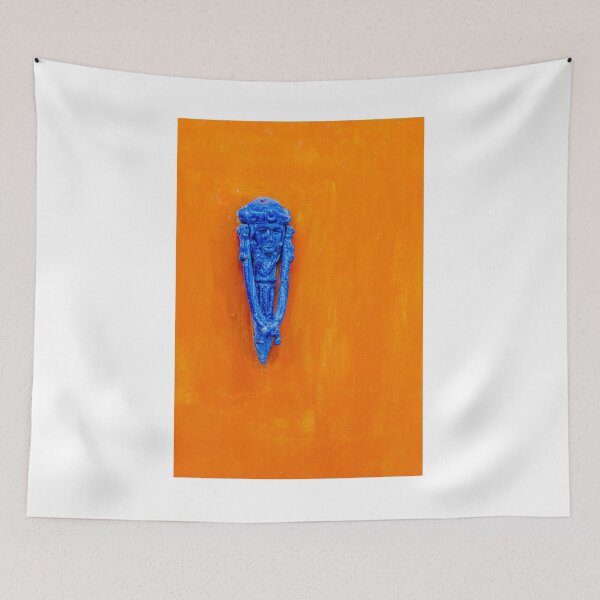Item preview, Blue Decorative Door Knocker On Bright Orange Painted Door With Rustic Texture And Contrast designed and sold by Nmallia.