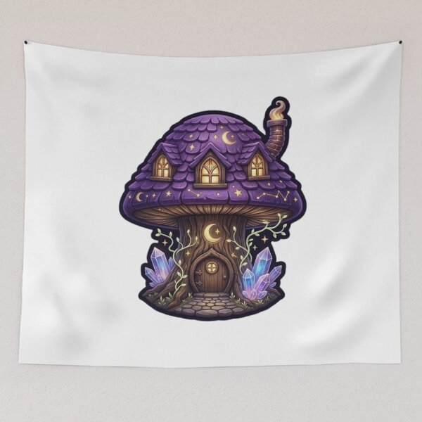 Item preview, Magical Celestial Mushroom House, Whimsical Cottagecore Fantasy Art designed and sold by MonaRose_Art.