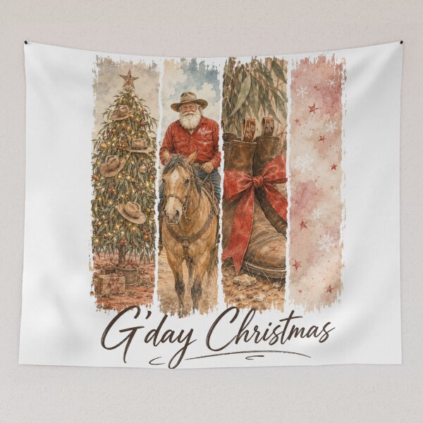 Item preview, G'day Christmas Aussie Country Christmas Cowboy Santa Tee Gum Tree Cowboy Horse Boots Australia designed and sold by Yellowriversss.