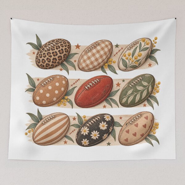 Item preview, Boho Aussie Footy Balls Collage Retro Wattle Floral Leopard Footy Art designed and sold by Yellowriversss.