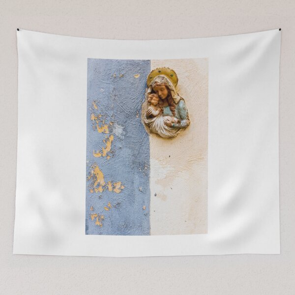 Item preview, Weathered Madonna And Child Statue On Peeling Painted Wall, Religious Street Shrine Detail designed and sold by Nmallia.