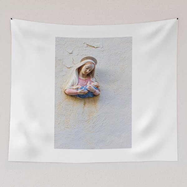 Item preview, Madonna and Child Wall Statue — Ceramic Virgin Mary Holding Baby Jesus On Textured Plaster designed and sold by Nmallia.