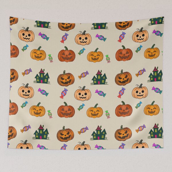 Item preview, Aged Cream Variant: Hand Drawn Halloween Pattern Jack O Lantern Pumpkins Trick or Treat Candy Haunted House designed and sold by Ink & Kind Studio.