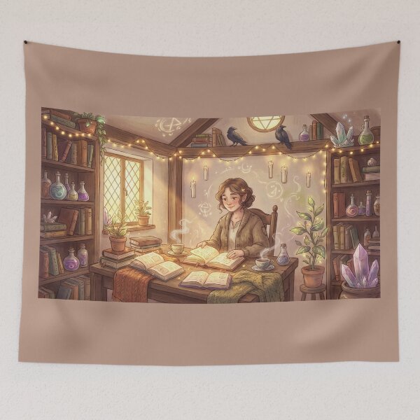 Item preview, Cozy Witch Reading Spell Books | Magical Fantasy Library Art designed and sold by SebastianSpace.