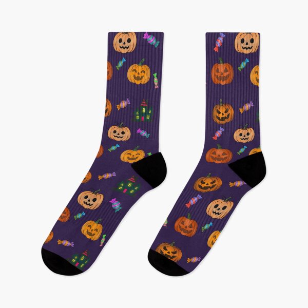 Item preview, deep aubergine variant: Hand Drawn Halloween Pattern Jack O Lantern Pumpkins Trick or Treat Candy Haunted House designed and sold by Ink & Kind Studio.