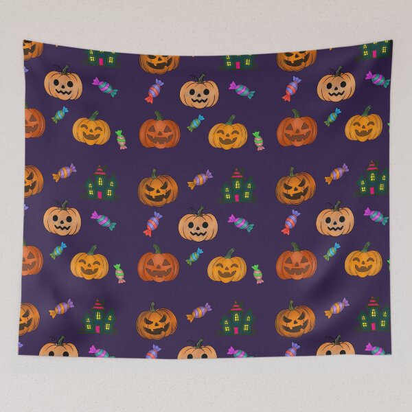 Item preview, deep aubergine variant: Hand Drawn Halloween Pattern Jack O Lantern Pumpkins Trick or Treat Candy Haunted House designed and sold by Ink & Kind Studio.