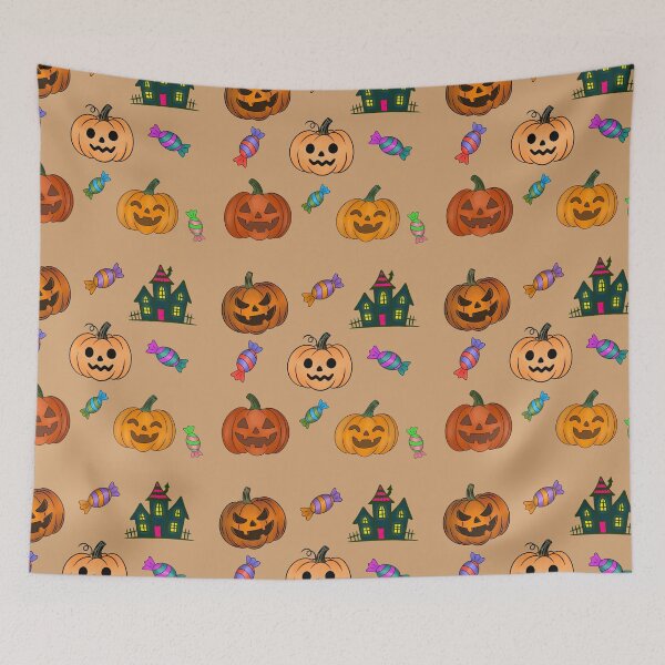 Item preview, Warm Tan Variant: Hand Drawn Halloween Pattern Jack O Lantern Pumpkins Trick or Treat Candy Haunted House designed and sold by Ink & Kind Studio.