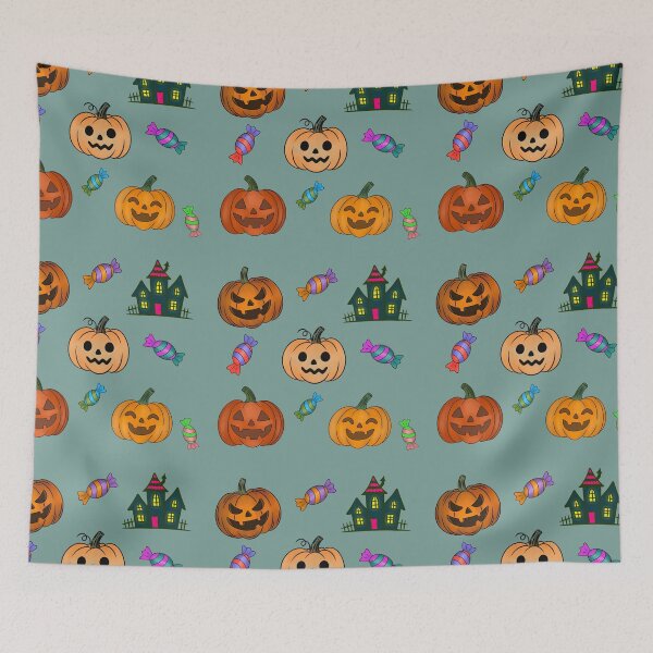 Item preview, Dusty Sage Variant: Hand Drawn Halloween Pattern Jack O Lantern Pumpkins Trick or Treat Candy Haunted House designed and sold by Ink & Kind Studio.