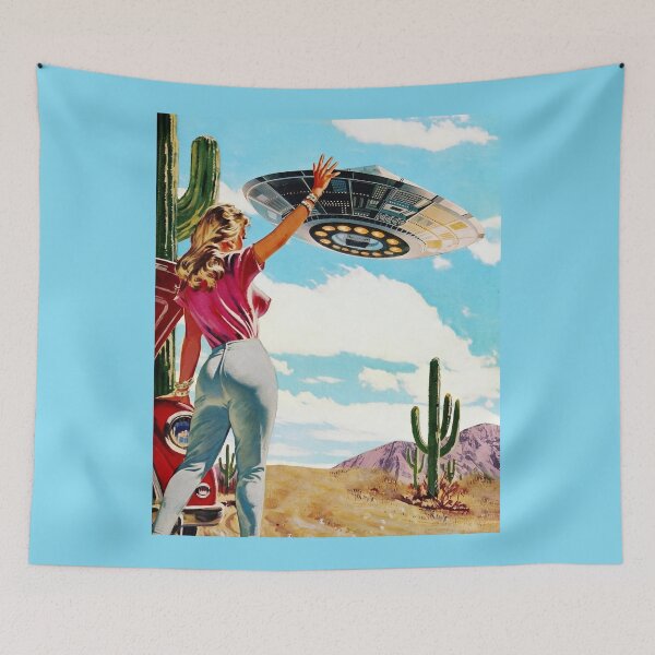 Item preview, Retro Woman UFO Encounter in Desert Sky designed and sold by Vicky021.