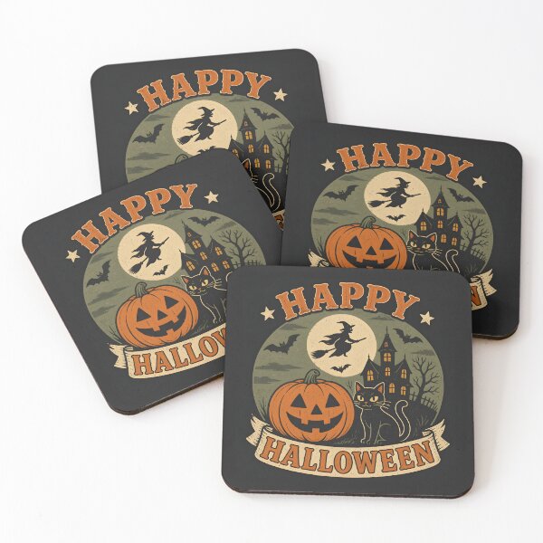 Item preview, Retro Vintage Happy Halloween Pumpkin Black Cat Flying Witch Emblem designed and sold by GrinGalore.