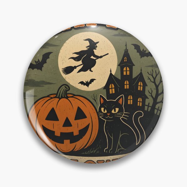 Item preview, Retro Vintage Happy Halloween Pumpkin Black Cat Flying Witch Emblem designed and sold by GrinGalore.
