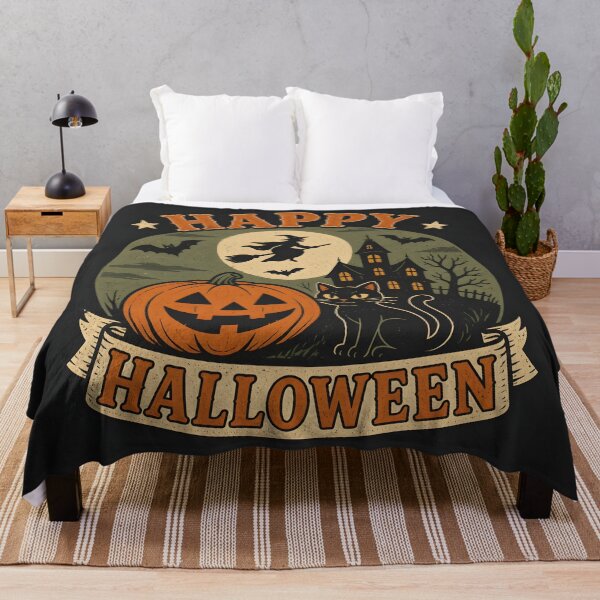 Item preview, Retro Vintage Happy Halloween Pumpkin Black Cat Flying Witch Emblem designed and sold by GrinGalore.