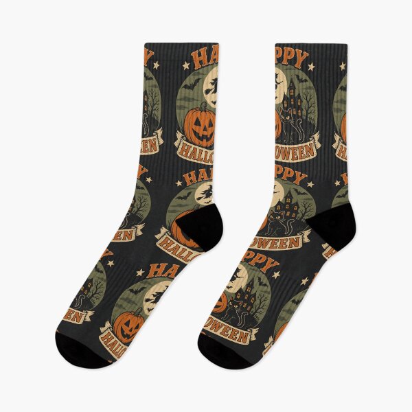 Item preview, Retro Vintage Happy Halloween Pumpkin Black Cat Flying Witch Emblem designed and sold by GrinGalore.