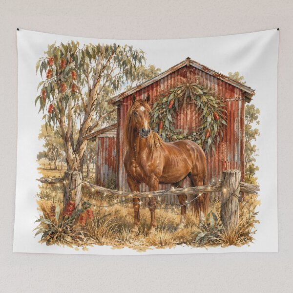 Item preview, Aussie Stock Horse At The Shed Australian Farm Girl Country Horse Bottlebrush Wreath designed and sold by Yellowriversss.
