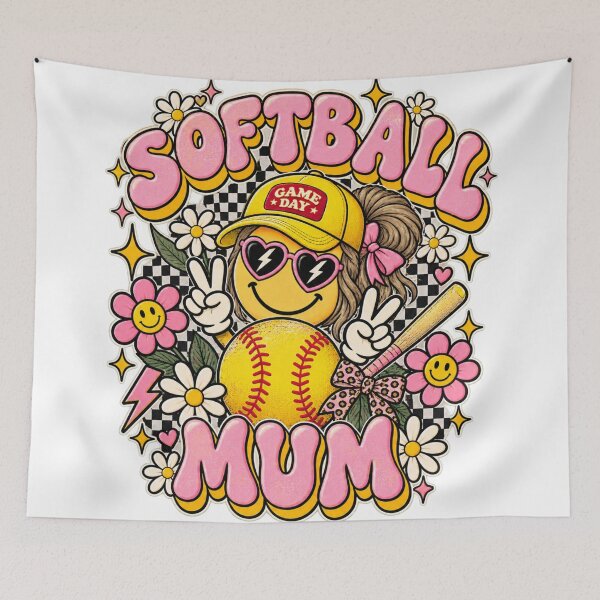 Item preview, Softball Mum Game Day Retro Pink Aussie Softball Mum Smiley Daisy designed and sold by Yellowriversss.