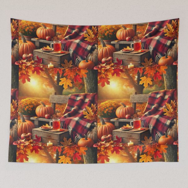 Aperçu de l'œuvre Cozy Autumn Porch Art, Fall Pumpkins and Plaid Blanket, Warm Seasonal Wall Decor   créée et vendue par NarjaShop.