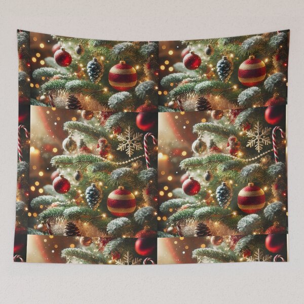 Aperçu de l'œuvre Festive Christmas Tree Art, Red and Gold Ornaments, Cozy Holiday Wall Decor créée et vendue par NarjaShop.