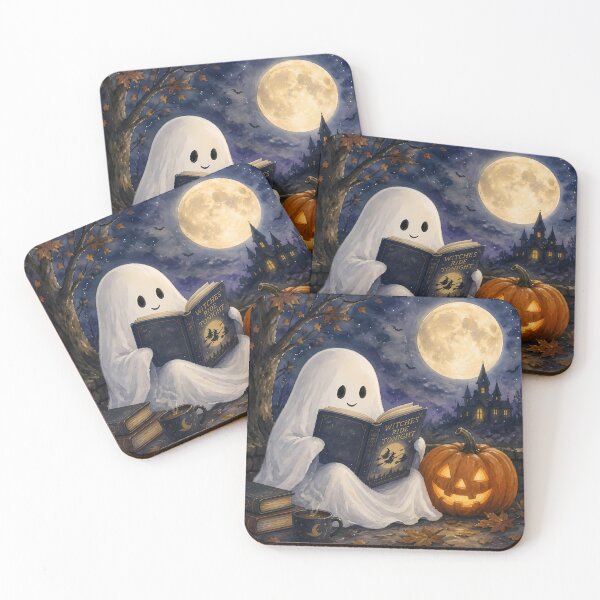 Item preview, Cute Ghost Reading Book Pumpkin Watercolor Autumn Full Moon designed and sold by GrinGalore.