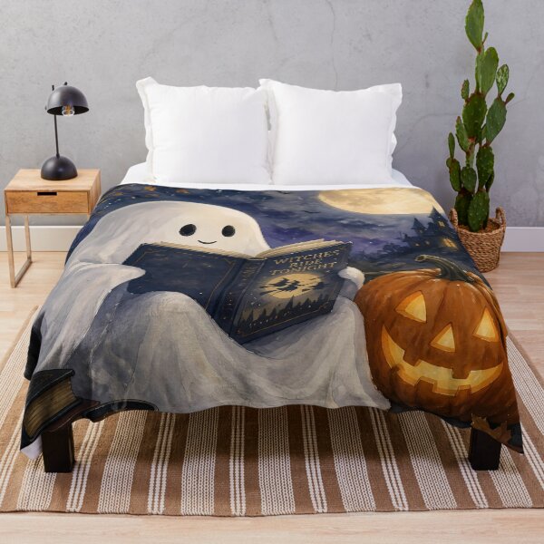 Item preview, Cute Ghost Reading Book Pumpkin Watercolor Autumn Full Moon designed and sold by GrinGalore.