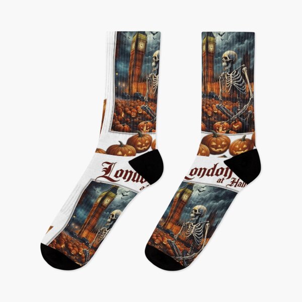 Item preview, London at Halloween poster in watercolour, Big Ben with skeleton and sea of pumpkins, bats at sky designed and sold by Coolparrotgirl.