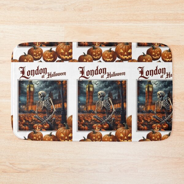 Item preview, London at Halloween poster in watercolour, Big Ben with skeleton and sea of pumpkins, bats at sky designed and sold by Coolparrotgirl.