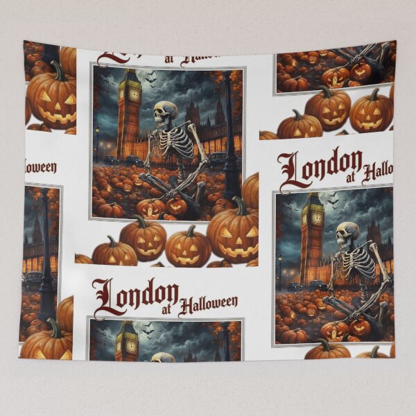 Item preview, London at Halloween poster in watercolour, Big Ben with skeleton and sea of pumpkins, bats at sky designed and sold by Coolparrotgirl.