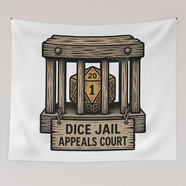 Item preview, Dice Jail Appeals Court Linocut TTRPG Humor Art designed and sold by Wanderquill Studio.