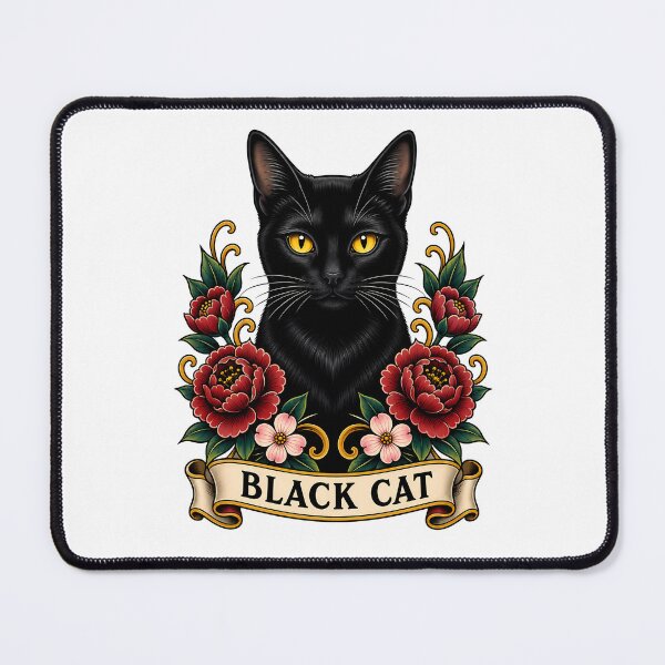Item preview, Black Cat Vintage Chrysanthemum Tattoo Art designed and sold by Old's Cool Cat Studio.