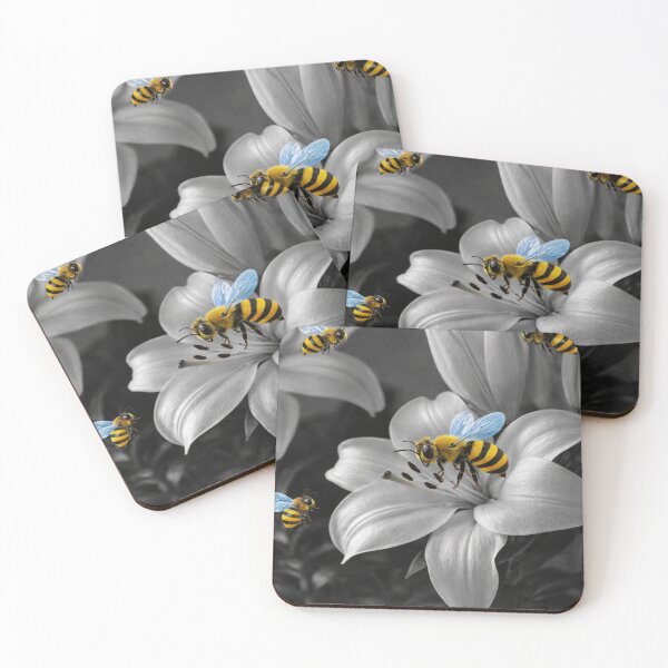 Item preview, Vibrant Bees on Monochrome Lilies – Artistic Contrast of Color and Nature designed and sold by ELVIN DESIGNS.