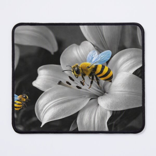 Item preview, Vibrant Bees on Monochrome Lilies – Artistic Contrast of Color and Nature designed and sold by ELVIN DESIGNS.
