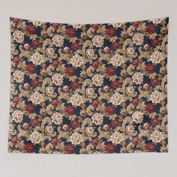 Item preview, Gilded Scrollwork Variegated Peony Navy designed and sold by Jirka Svetlik, Studio Illuvision.