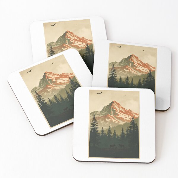 Aperçu de l'œuvre Vintage Mountain Deer Forest Landscape Sunset Outdoor Art créée et vendue par mijaczeek.