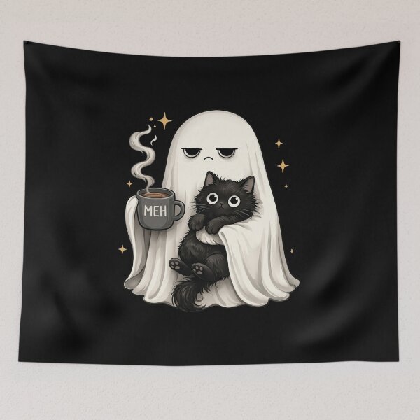 Item preview, Meh Coffee Ghost Black Cat Funny Halloween Cute Spooky designed and sold by puzchresta.
