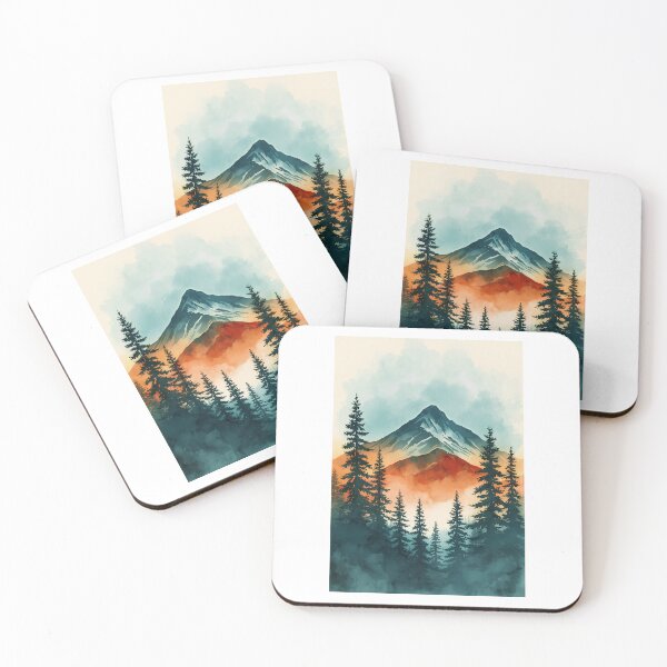 Item preview, Watercolor Mountain Peak Forest Landscape Sunset Outdoor Art designed and sold by mijaczeek.