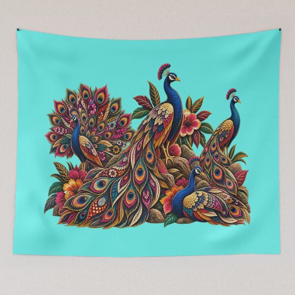 Item preview, Vintage Colorful Peacock Family – Exotic Floral Peacock Art designed and sold by Awarrie.