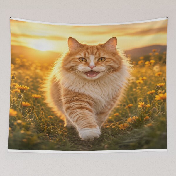 Item preview, Golden Sunset Stroll — Fluffy Ginger Cat in a Wildflower Meadow designed and sold by hamriexport.