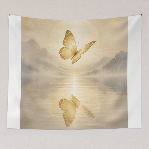 Artikelvorschau, Goldener Schmetterling als Wandposter | Spiegelbild eines goldenen Schmetterlings, japanische Zen-Dekoration, minimalistischer japanischer Naturdruck entworfen und verkauft von LuminaKage.