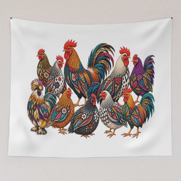 Item preview, Colorful Vintage Chicken Family – Floral Rooster and Hen Folk Art designed and sold by Awarrie.