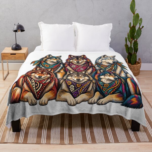 Artikelvorschau, Colorful Vintage Wolf Pack – Boho Floral Wolf Wildlife Art entworfen und verkauft von Awarrie.