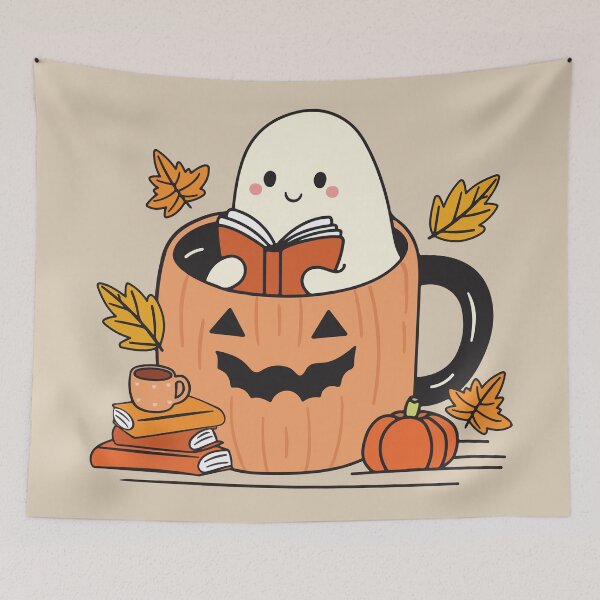 Item preview, Cute Ghost Reading in Pumpkin Mug Autumn Graphic designed and sold by BrownHorse90s.