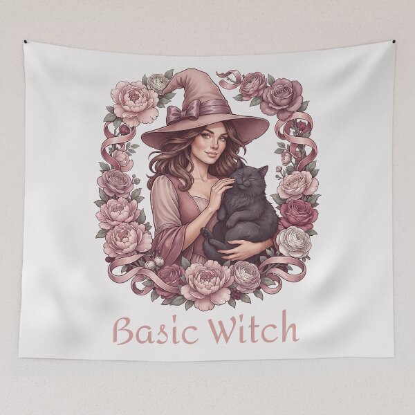 Item preview, Pinkoween Basic Witch with Black Cat & Floral Wreath designed and sold by MythicCotton.